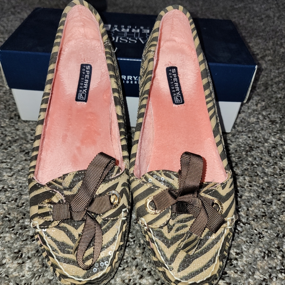 Sperry Top Sider tan/dark brown zebra